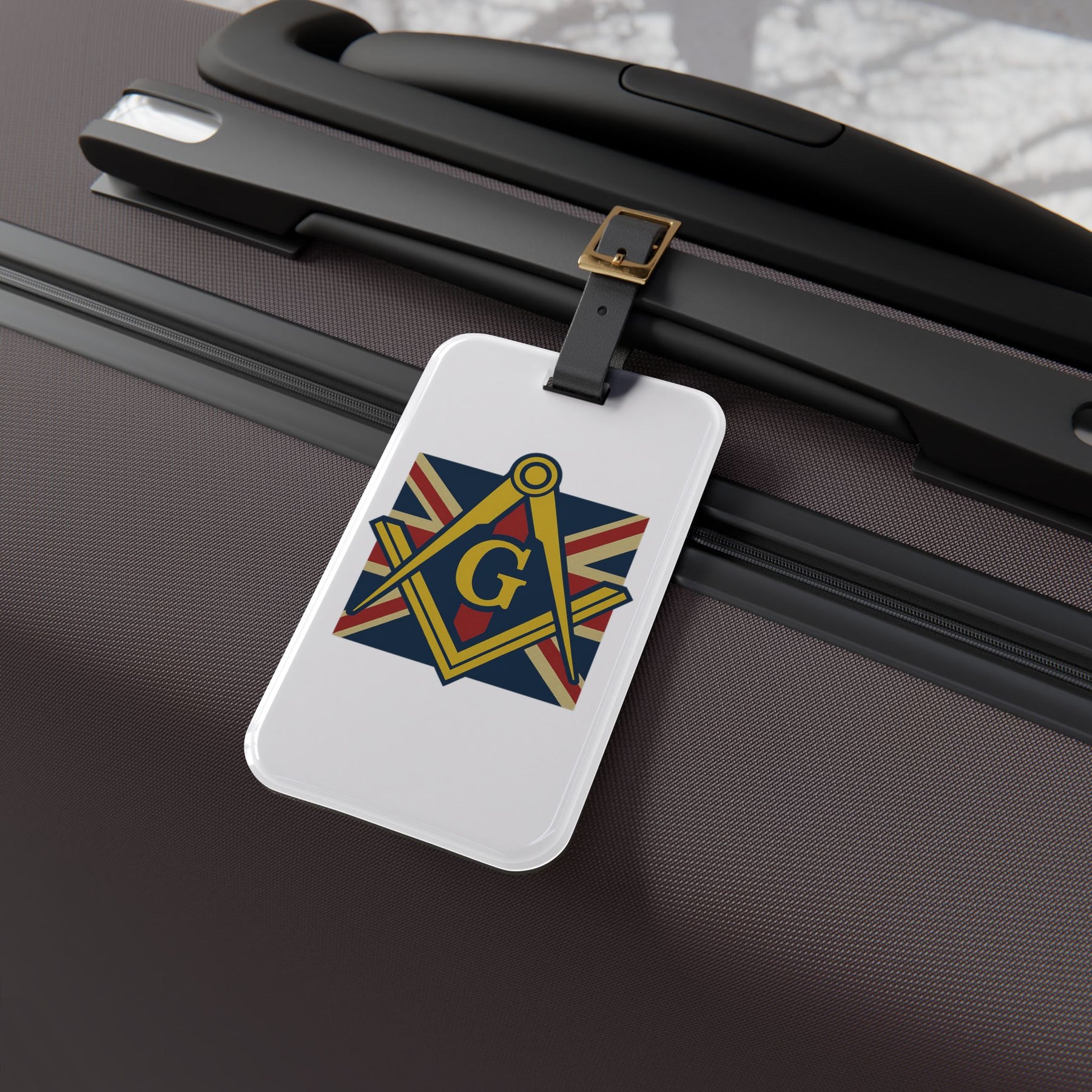 Master Mason Craft Luggage Tag - White With Black Leather Strap - Bricks Masons