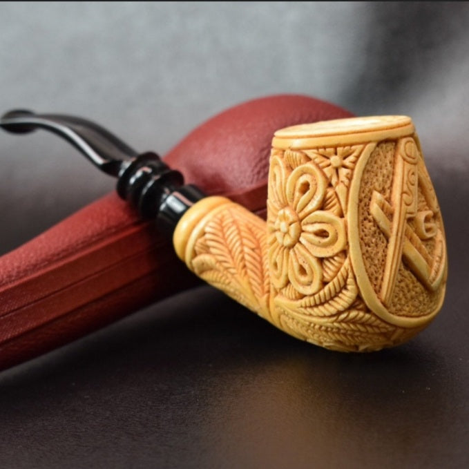 Master Mason Blue Lodge Meerschaum Pipe - Gold & Black Square and Compass G - Bricks Masons