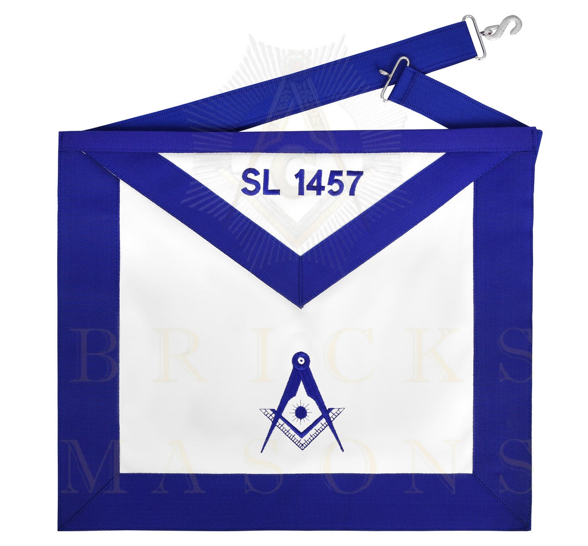 Senior Deacon Blue Lodge Officer Apron - Blue Ribbon With Machine Embroidery Customizable Flap - Bricks Masons