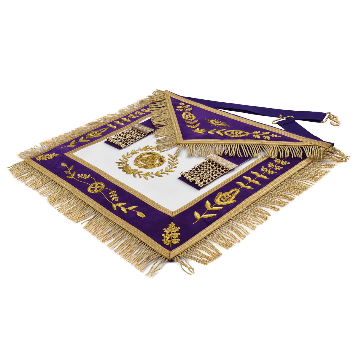 Grand Master Blue Lodge Apron - Purple Velvet Gold Bullion With Golden Braid Fringe - Bricks Masons