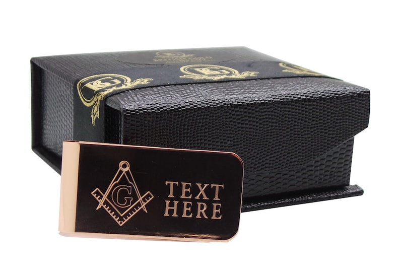 Master Mason Blue Lodge Money Clip - 18k Rose Gold Clad gift Case Engraving - Bricks Masons