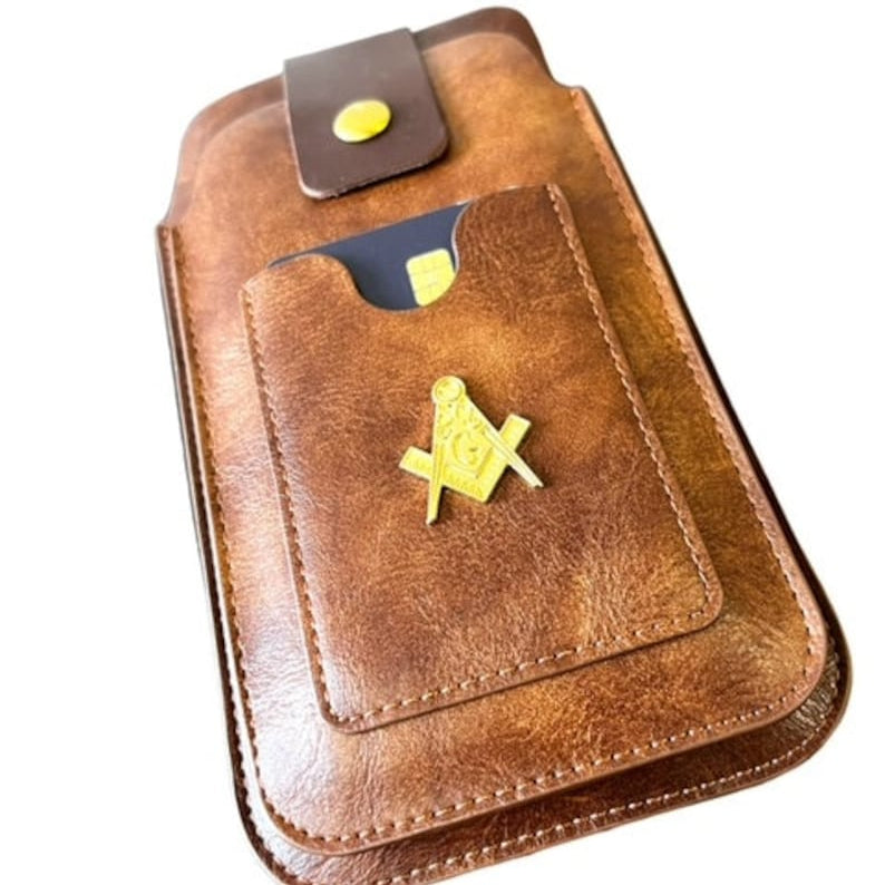 Master Mason Blue Lodge Phone Case - Leather Brown Luxury Belt Loop Card Holder - Bricks Masons