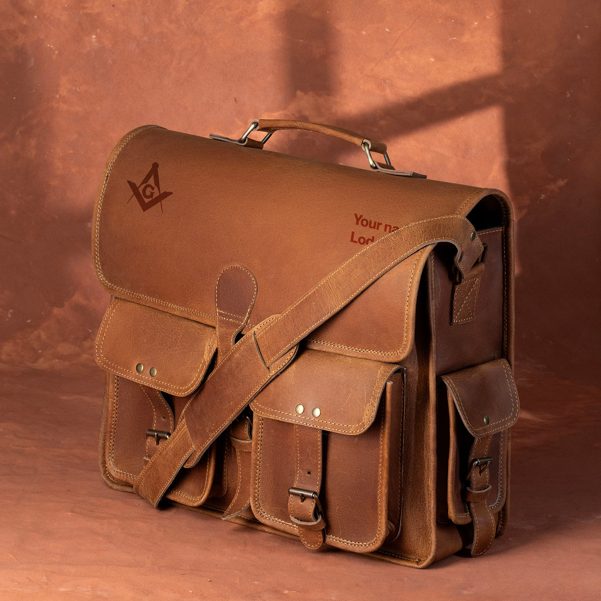 Master Mason Blue Lodge Briefcase - Genuine Cow Leather Convertible Bag - Bricks Masons