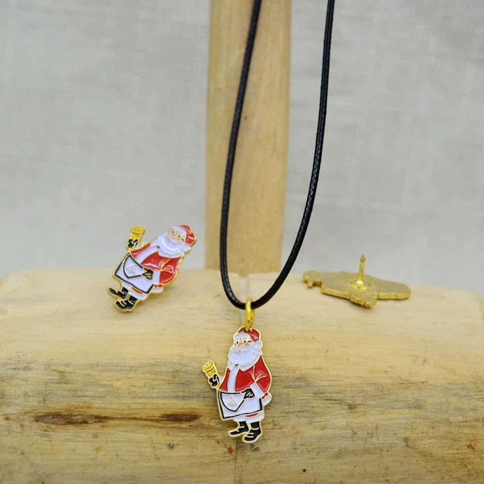 Master Mason Blue Lodge Necklace - Gold Plated Christmas Santa Pendant With Leather Chain - Bricks Masons