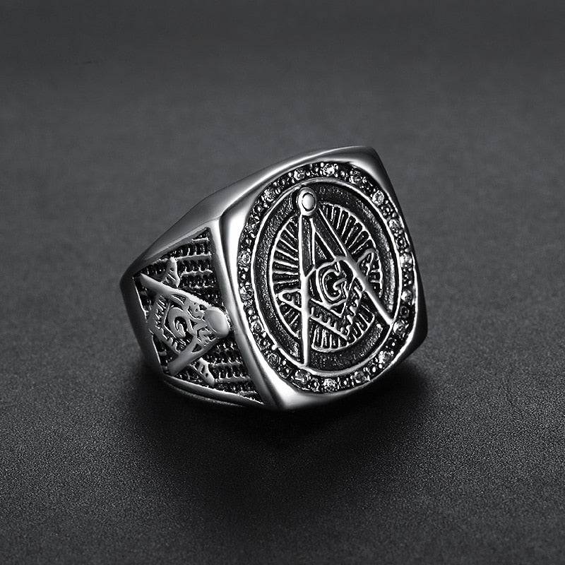 Master Mason Blue Lodge Ring - Square and Compass G Rhinestone - Bricks Masons