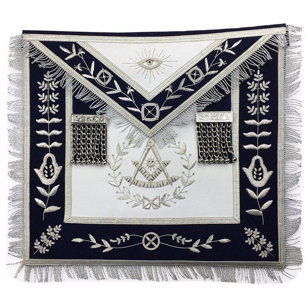 Past Master Blue Lodge Apron - White & Navy Blue Velvet - Bricks Masons
