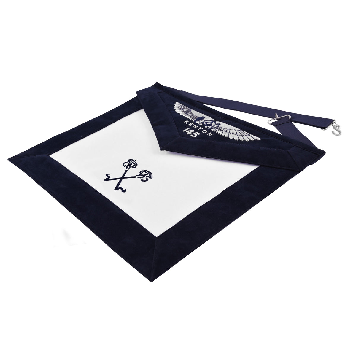 Treasurer Blue Lodge Officer Apron - Kenton Lodge Navy Velvet With Silver Embroidery Thread - Bricks Masons