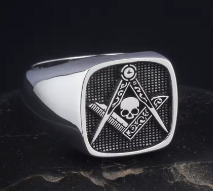 Master Mason Blue Lodge Ring - Signet Skull Square & Compass 925 Sterling Silver