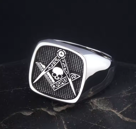 Master Mason Blue Lodge Ring - Signet Skull Square & Compass 925 Sterling Silver