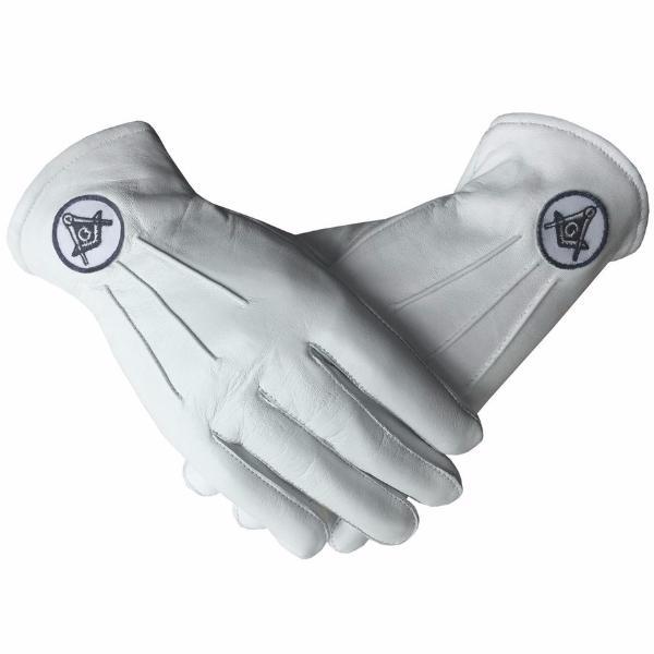 Master Mason Blue Lodge Gloves - White Leather with Square & Compass G