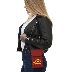 DOKO Cell Phone Wallet - Maroon Microfiber Leather With Adjustable Strap - Bricks Masons