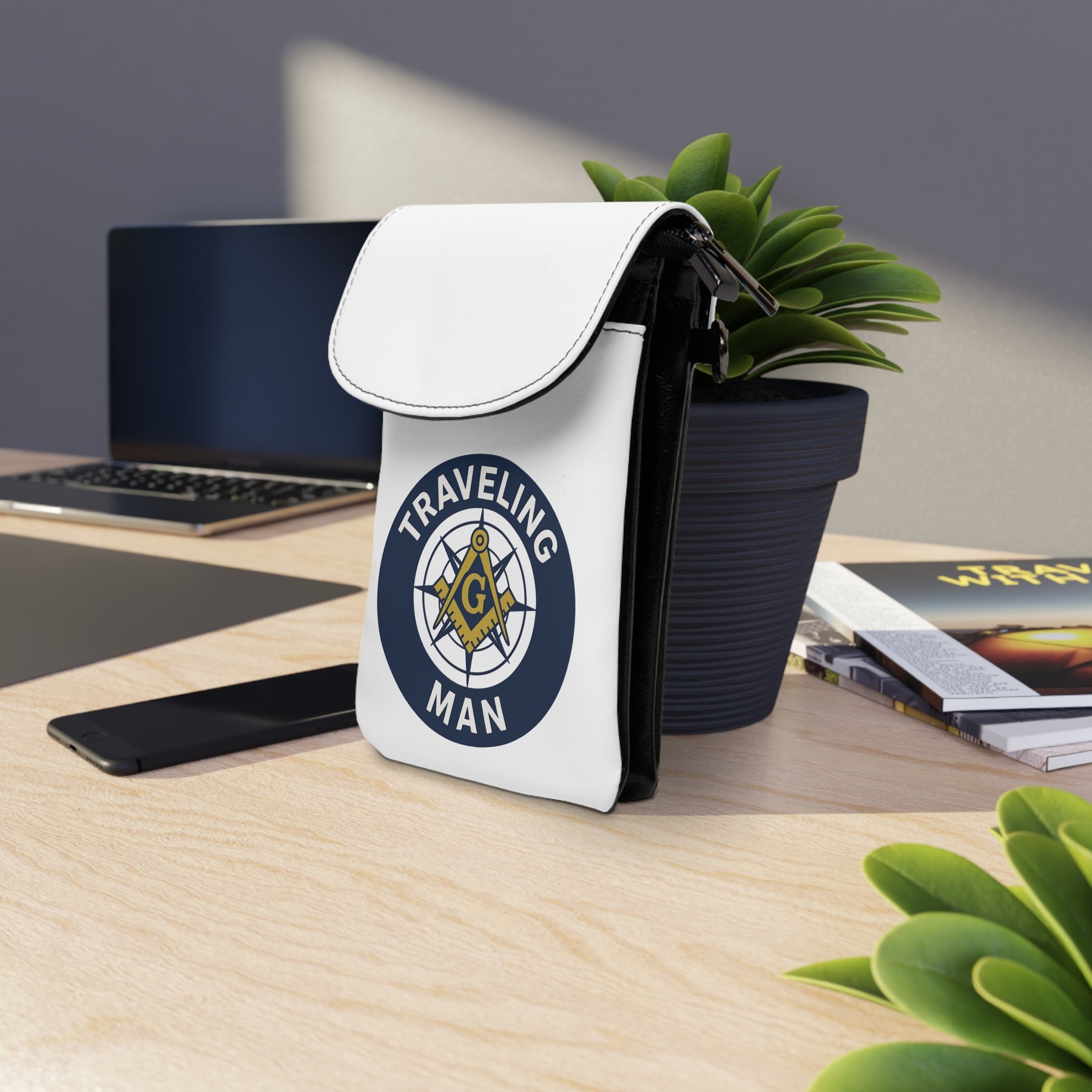 Master Mason Blue Lodge Cell Phone Wallet - Traveling Man Microfiber Leather - Bricks Masons