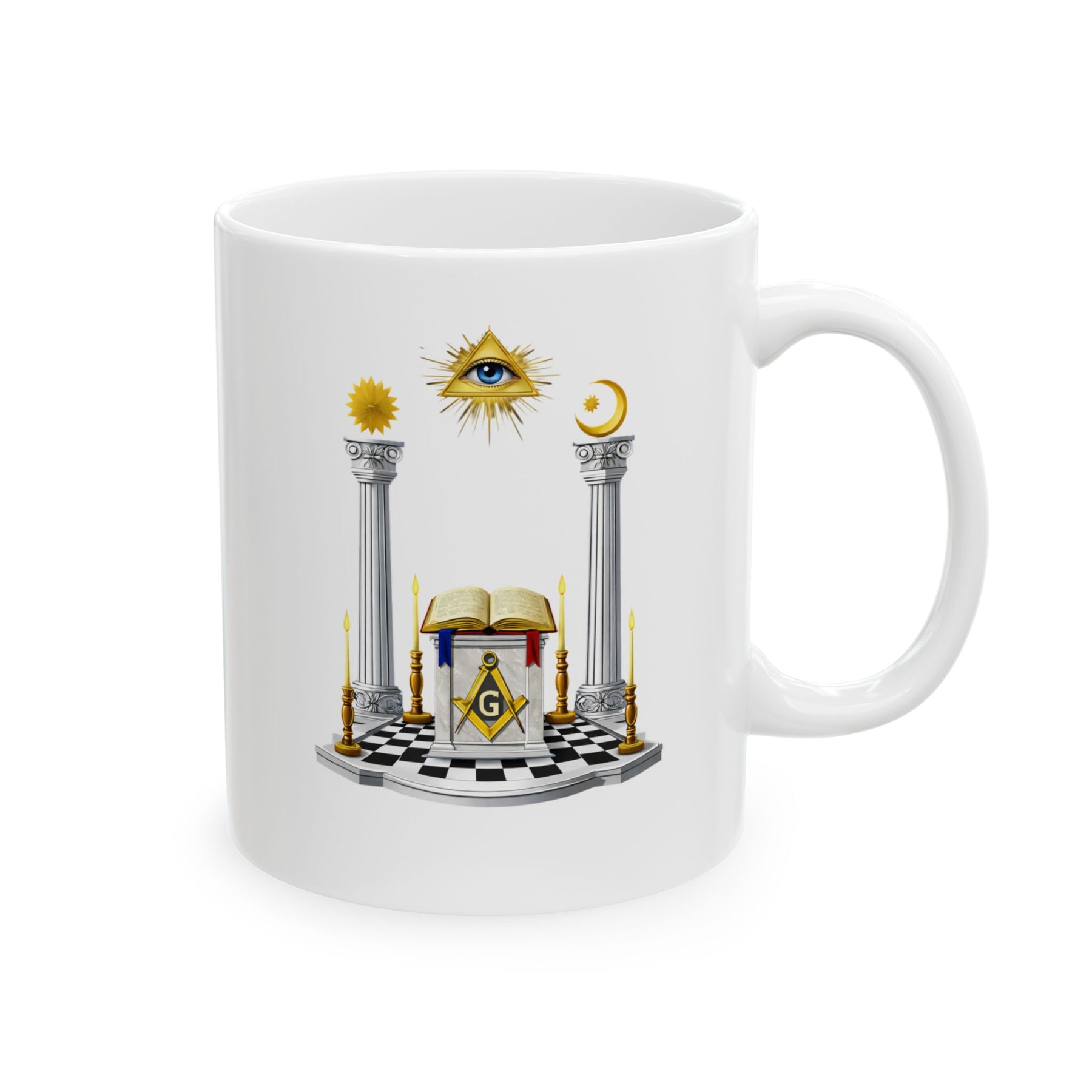 Master Mason Blue Lodge Mug - S&C G Altar Pillars & Eye on Checkered Floor