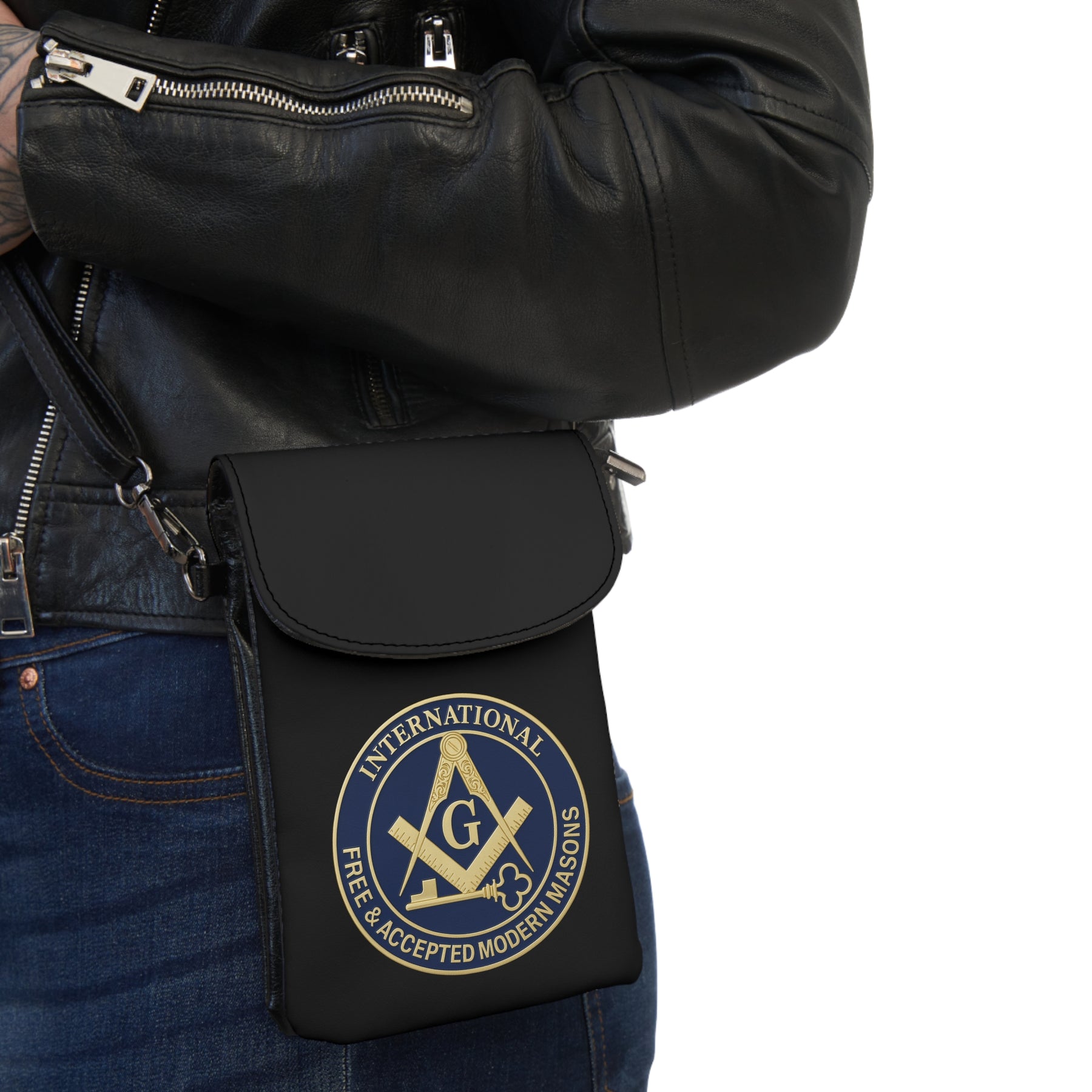 International Masons Cell Phone Wallet - Black Microfiber Leather Hands-Free Wallet - Bricks Masons
