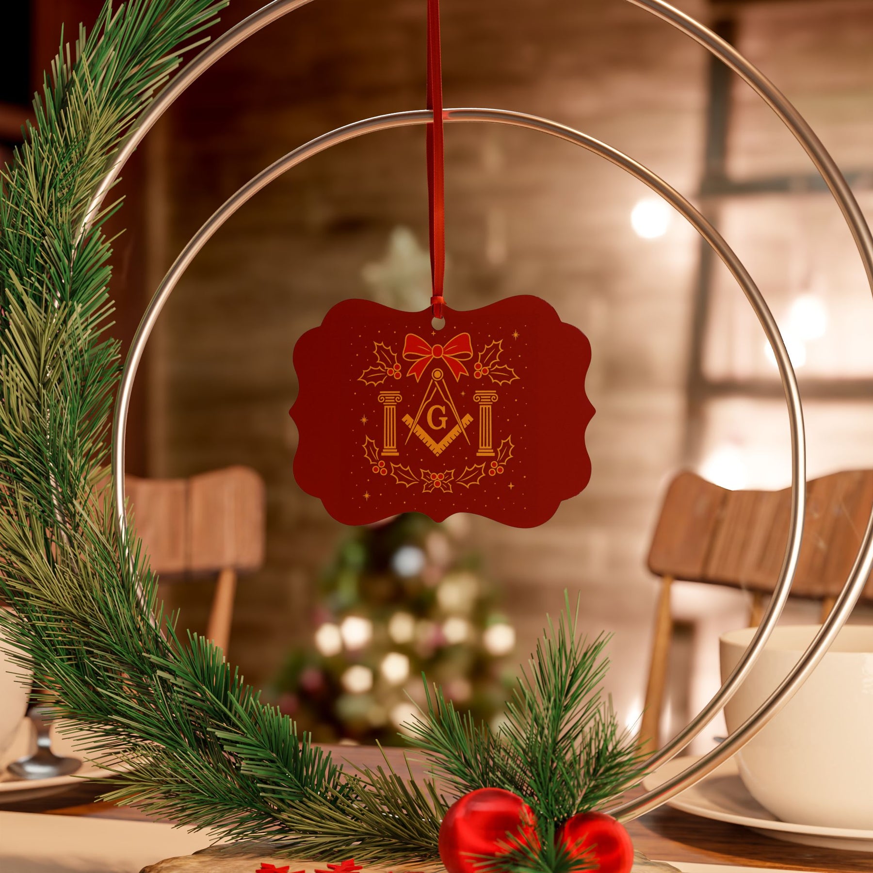 Master Mason Blue Lodge Christmas Ornament - S&C G with Twin Pillars Holiday Decor Set - Bricks Masons