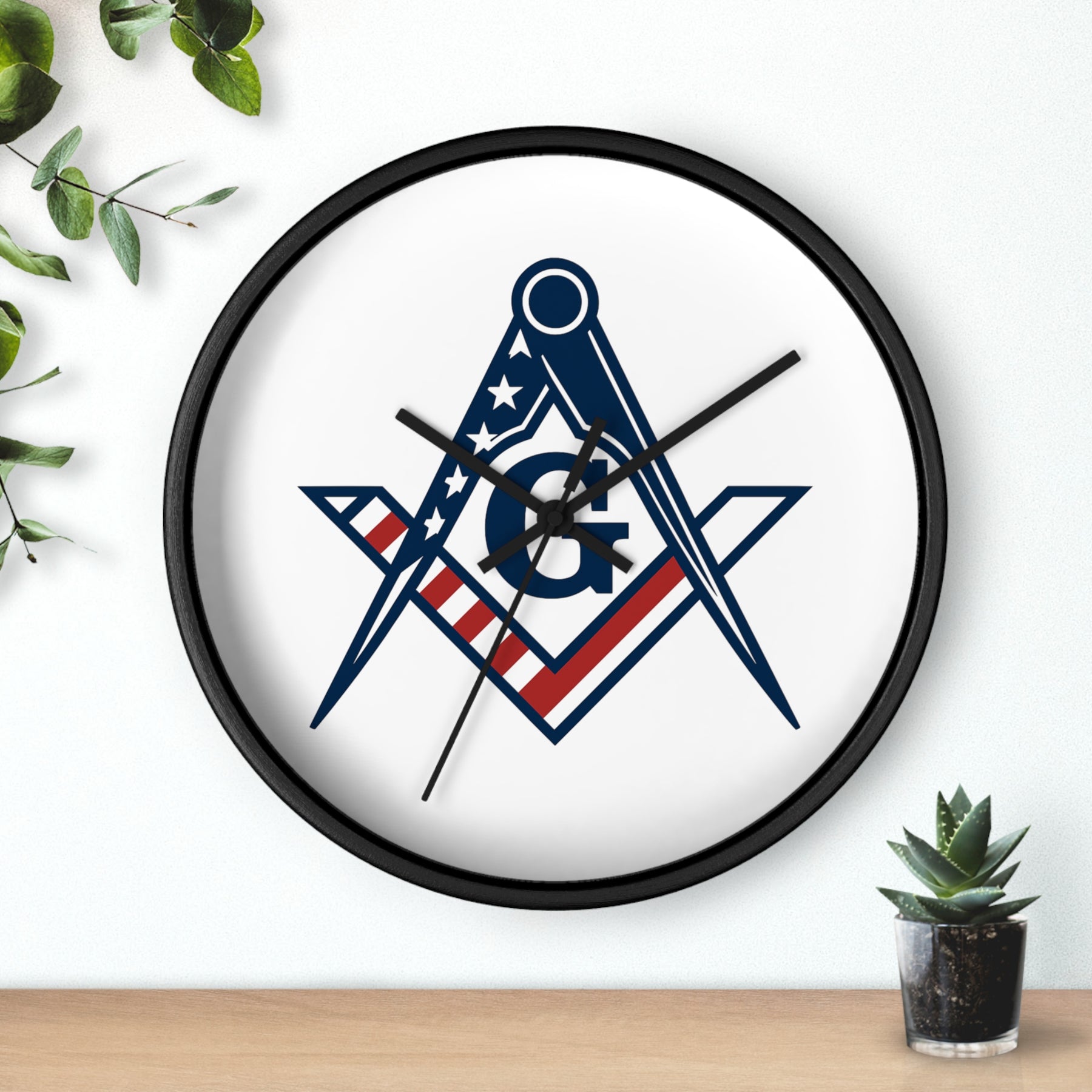 Master Mason Blue Lodge Clock - Square & Compass G with American Flag Design - Bricks Masons