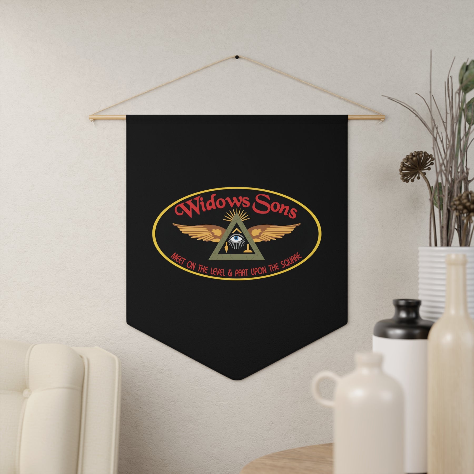 Widows Sons Pennant - Meet on The Level Part on The Square - Bricks Masons