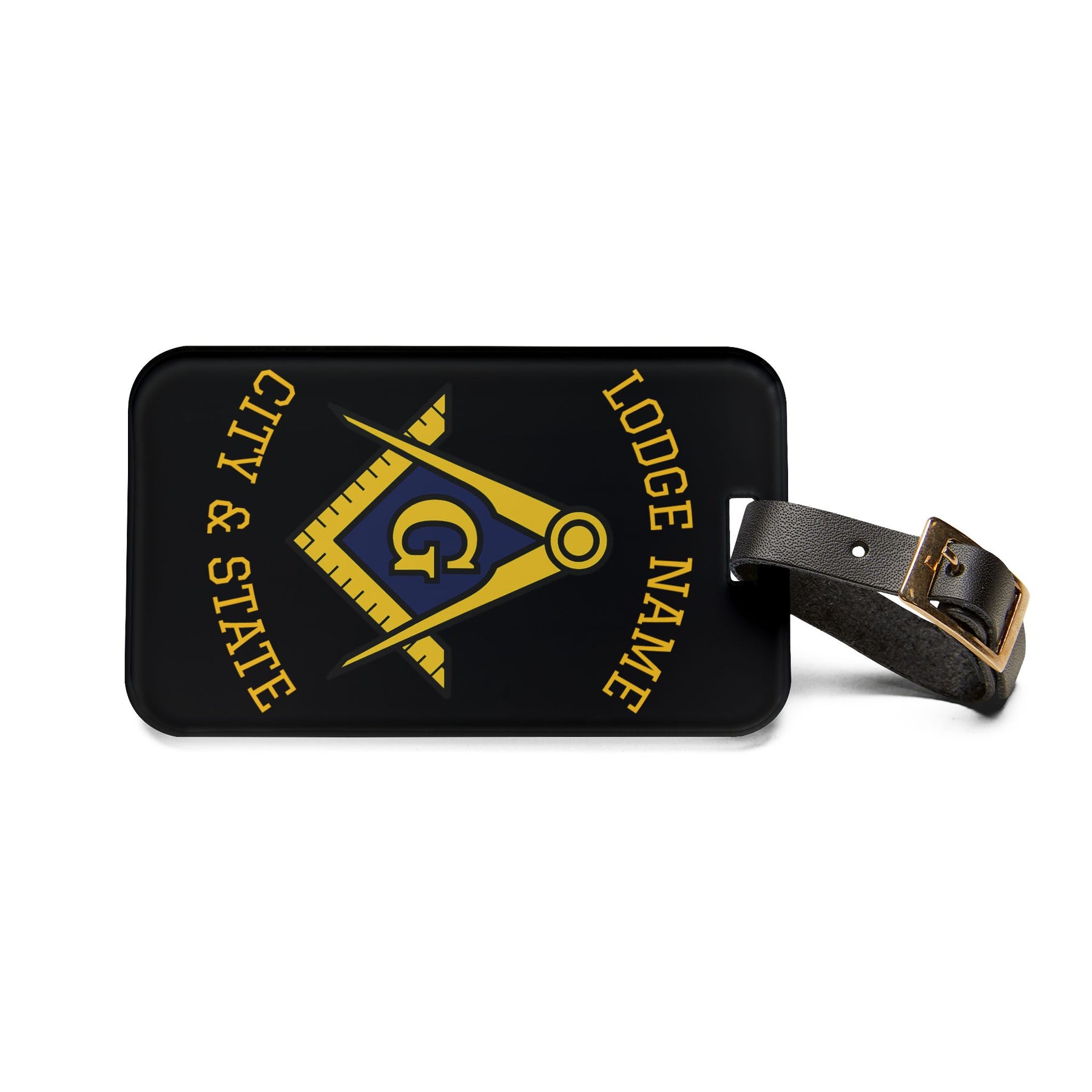 Master Mason Blue Lodge Luggage Tag - Personalizable Black S&C G With Black Leather Strap - Bricks Masons