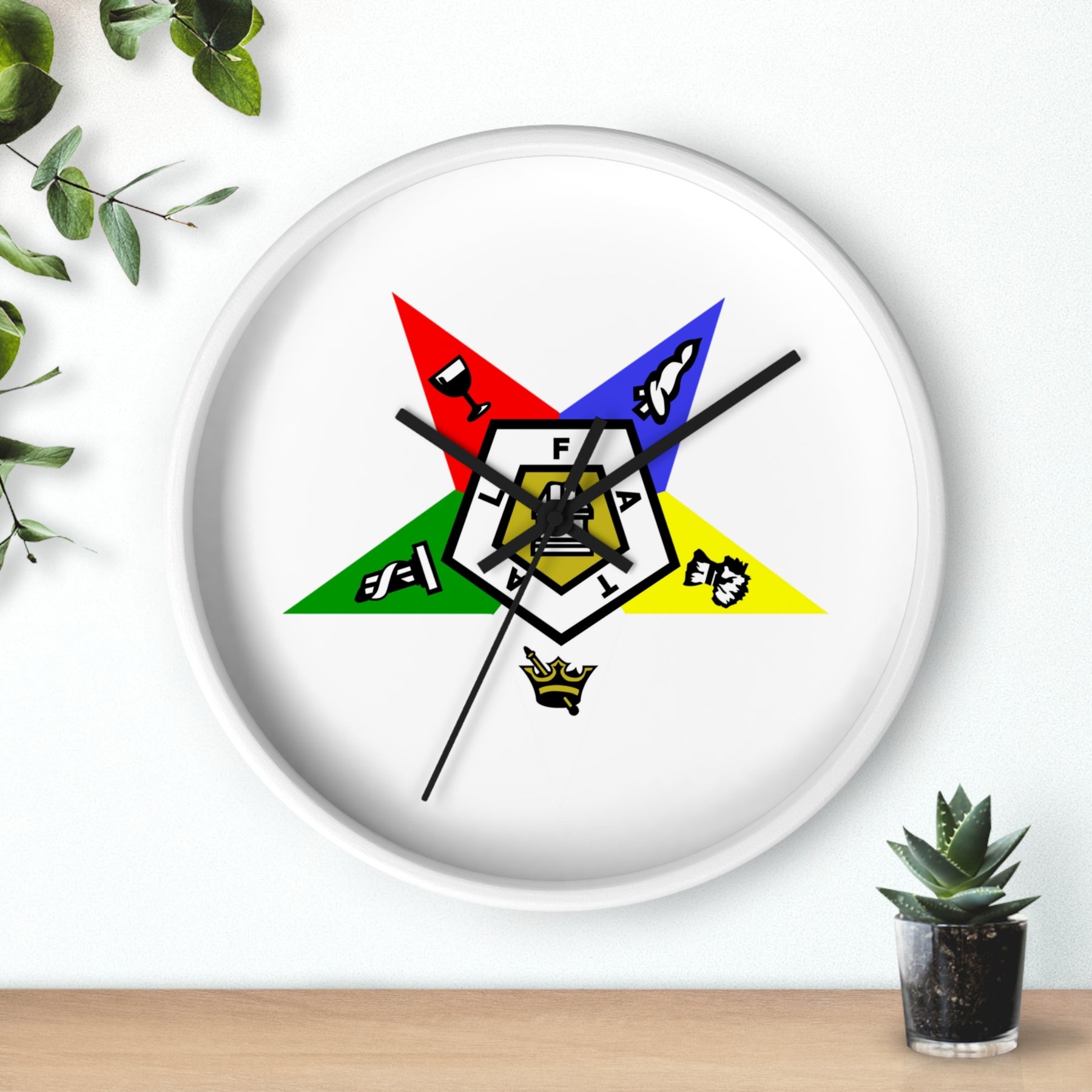 OES Clock - White Dial with Star Emblem in Wooden Frame - Bricks Masons