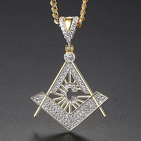 Master Mason Blue Lodge Necklace - Gold & White Copper Zircon With Rhinestones - Bricks Masons