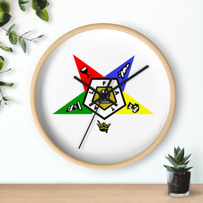OES Clock - White Dial with Star Emblem in Wooden Frame - Bricks Masons