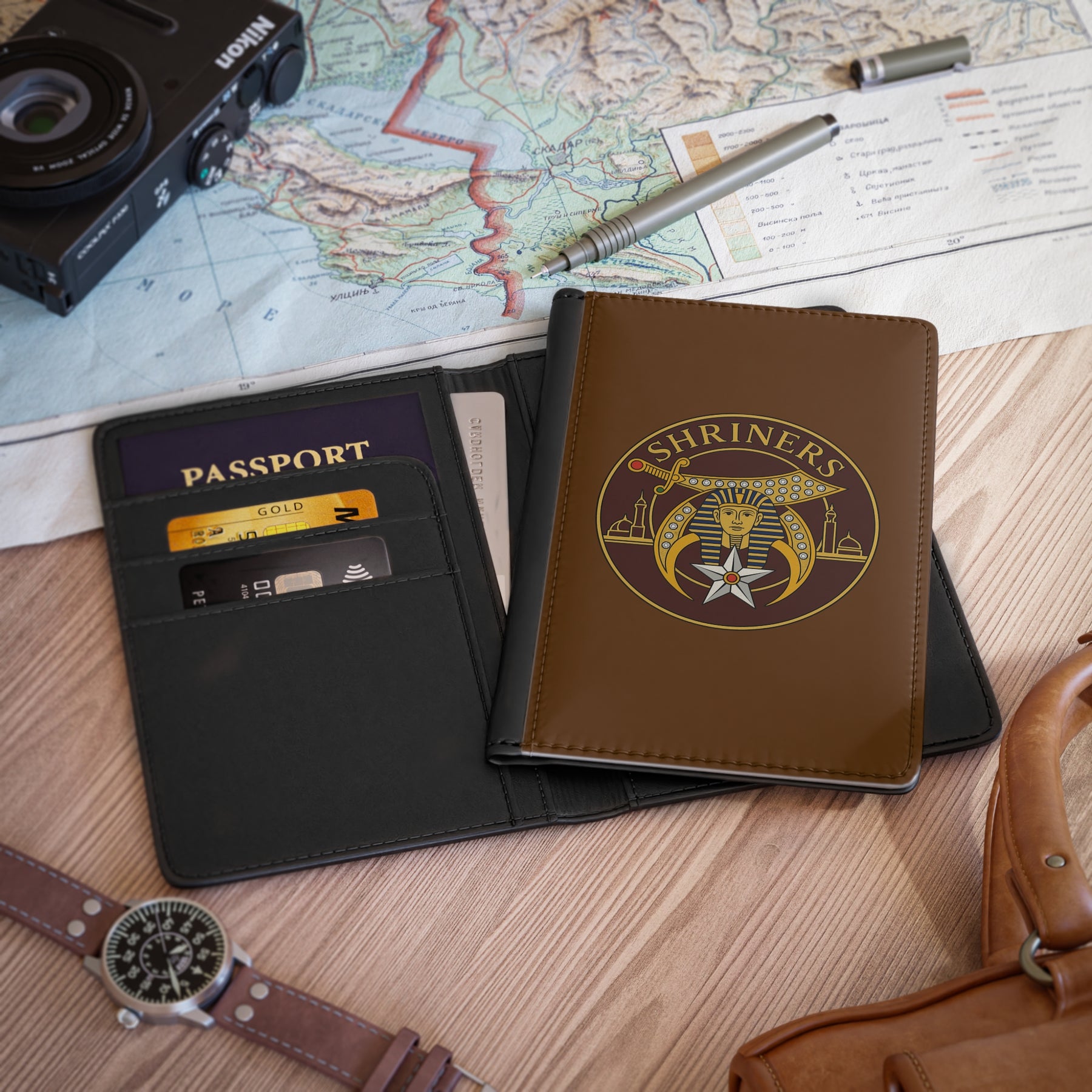 Shriners Passport Cover - Brown PU Leather With Inner Compartments - Bricks Masons