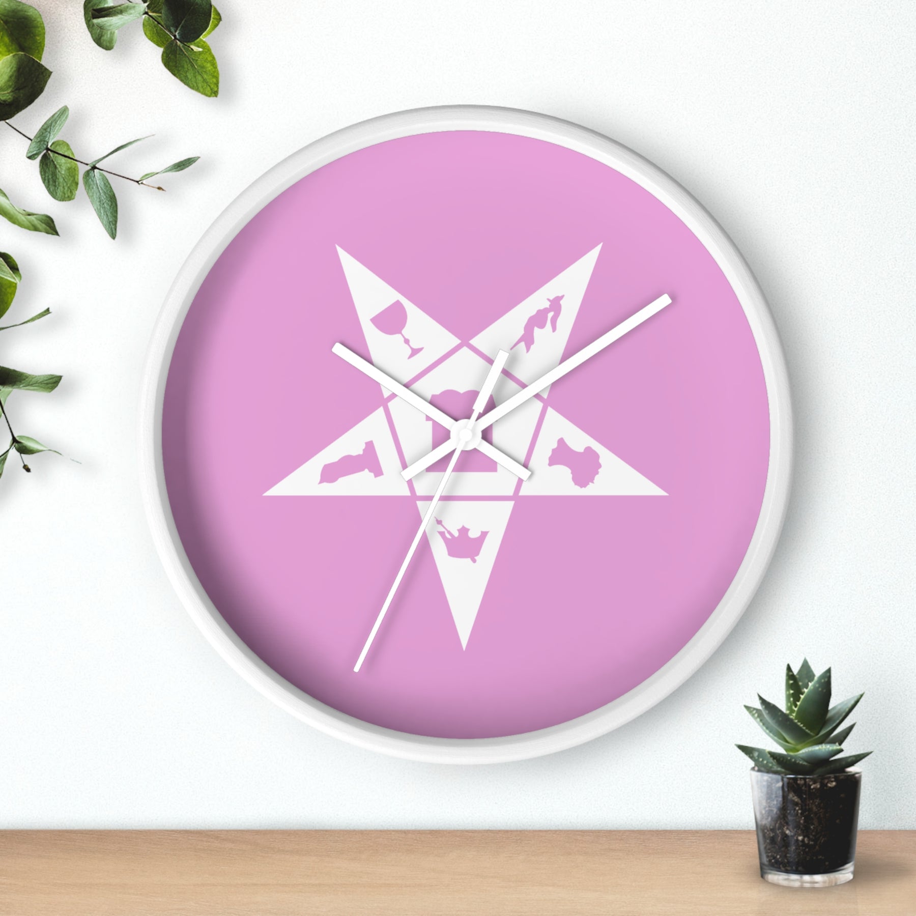 OES Clock - Wood Frame with White OES Emblem on Pink Dial - Bricks Masons