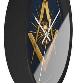 Master Mason Blue Lodge Clock - Wood Frame with Eye Square & Compass Symbol - Bricks Masons