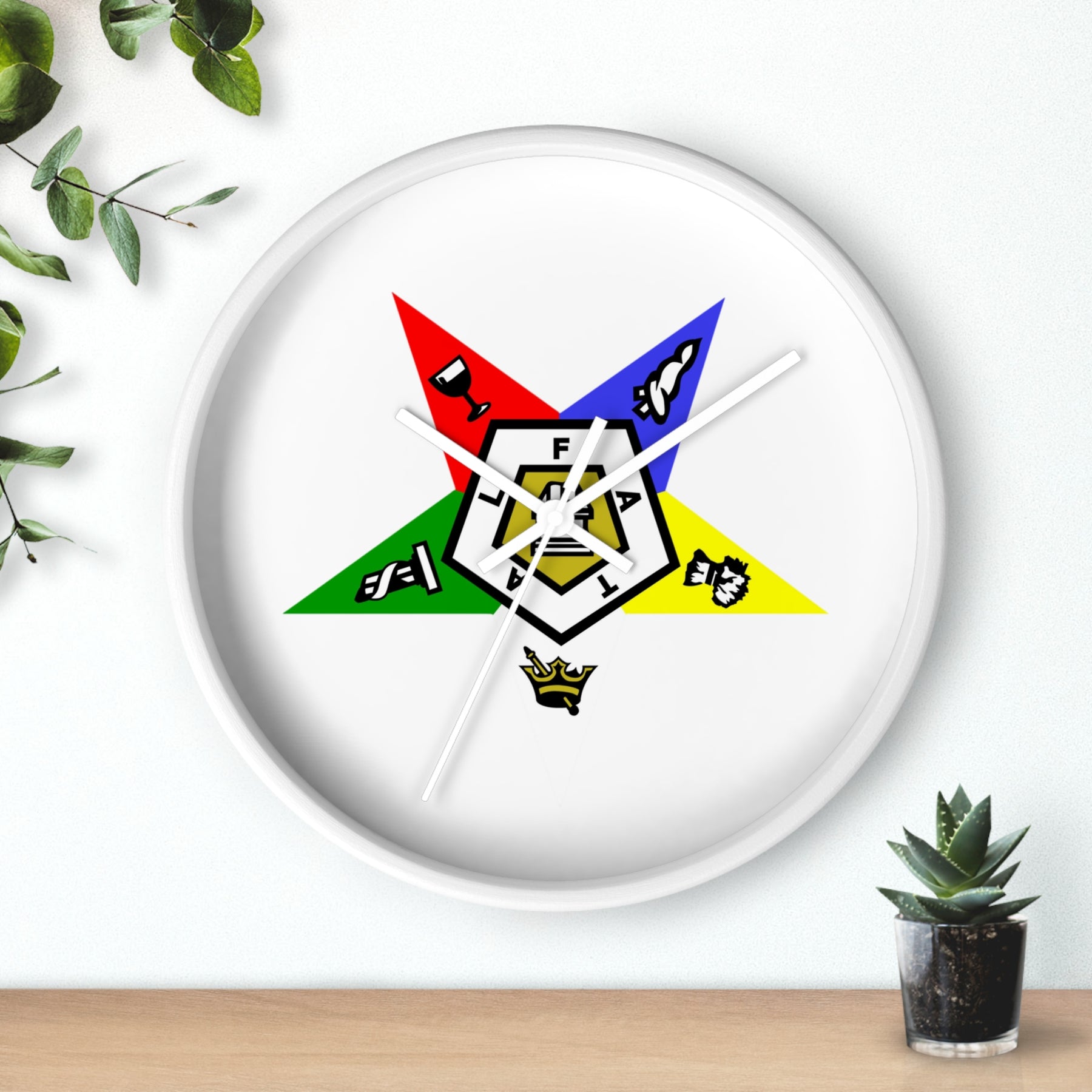 OES Clock - White Dial with Star Emblem in Wooden Frame - Bricks Masons