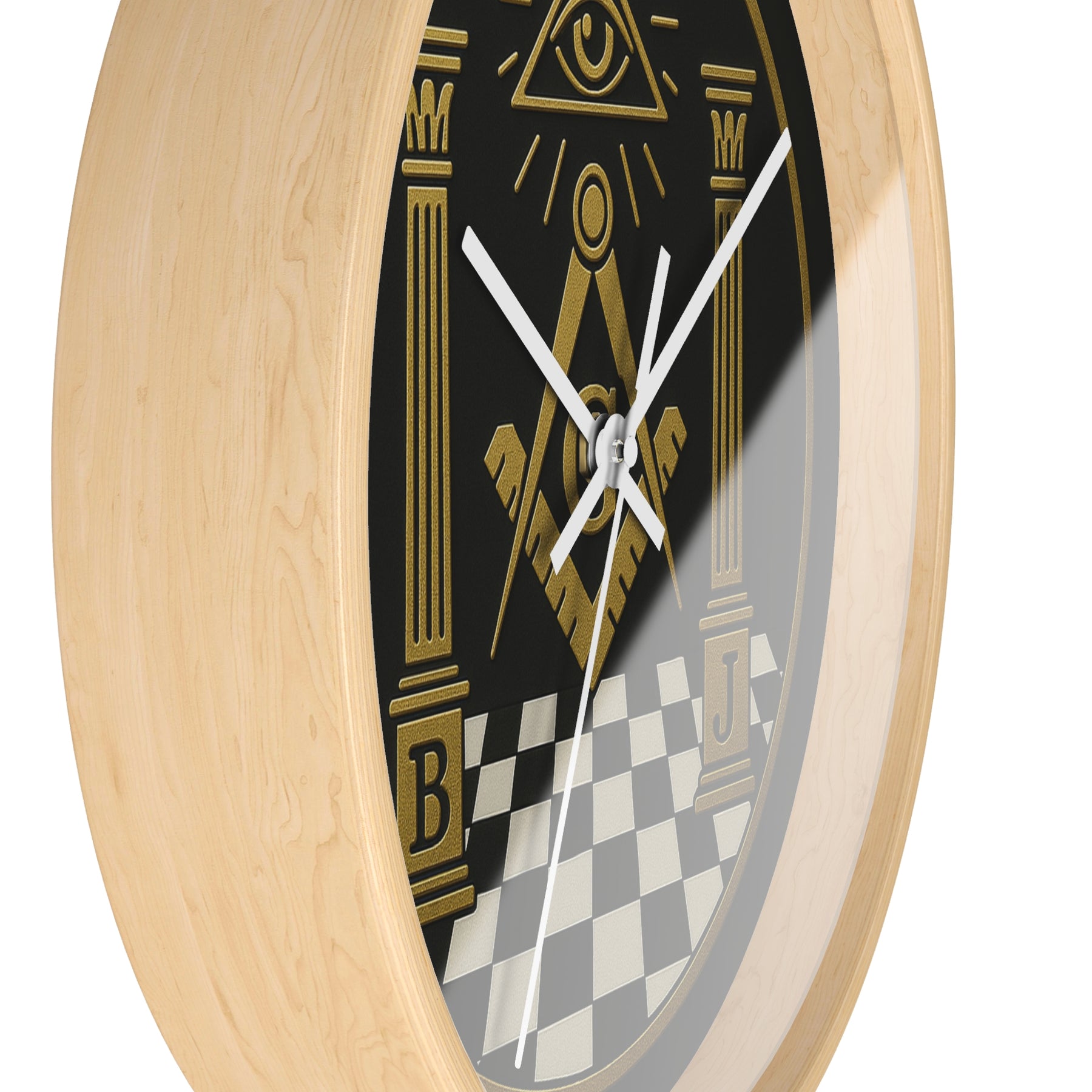 Master Mason Blue Lodge Clock - S&C with Pillars in Wooden Frame - Bricks Masons