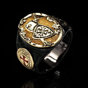 Knights Templar Commandery Ring - Knight & Shield With Cross In Gold - Bricks Masons