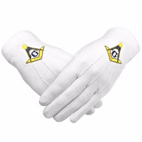 Master Mason Blue Lodge Gloves - Cotton With Yellow & Blue Square & Compass G