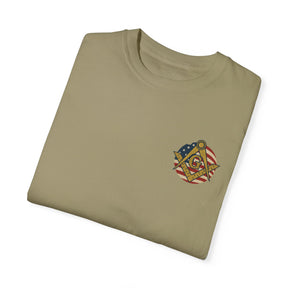Master Mason Blue Lodge T-Shirt - Garment-Dyed US Flag Square & Compass G - Bricks Masons