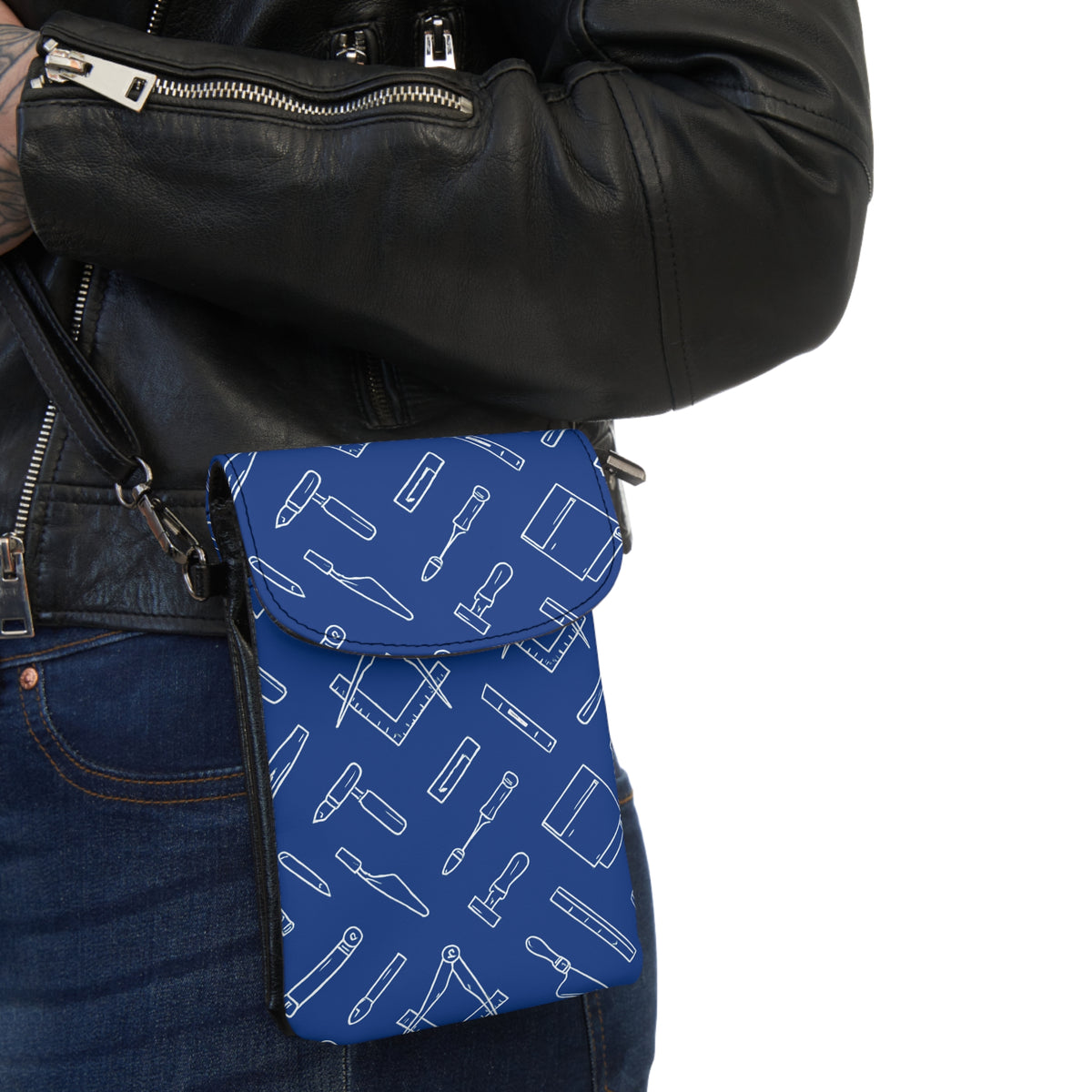 Master Mason Blue Lodge Cell Phone Wallet - Blue Masonic Tools Microfiber Leather - Bricks Masons