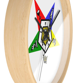 OES Clock - White Dial with Star Emblem in Wooden Frame - Bricks Masons