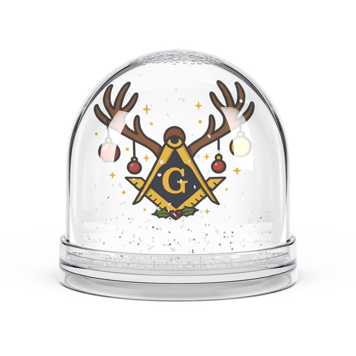 Master Mason Blue Lodge Snow Globe - Square & Compass with G Symbol Holiday Edition - Bricks Masons