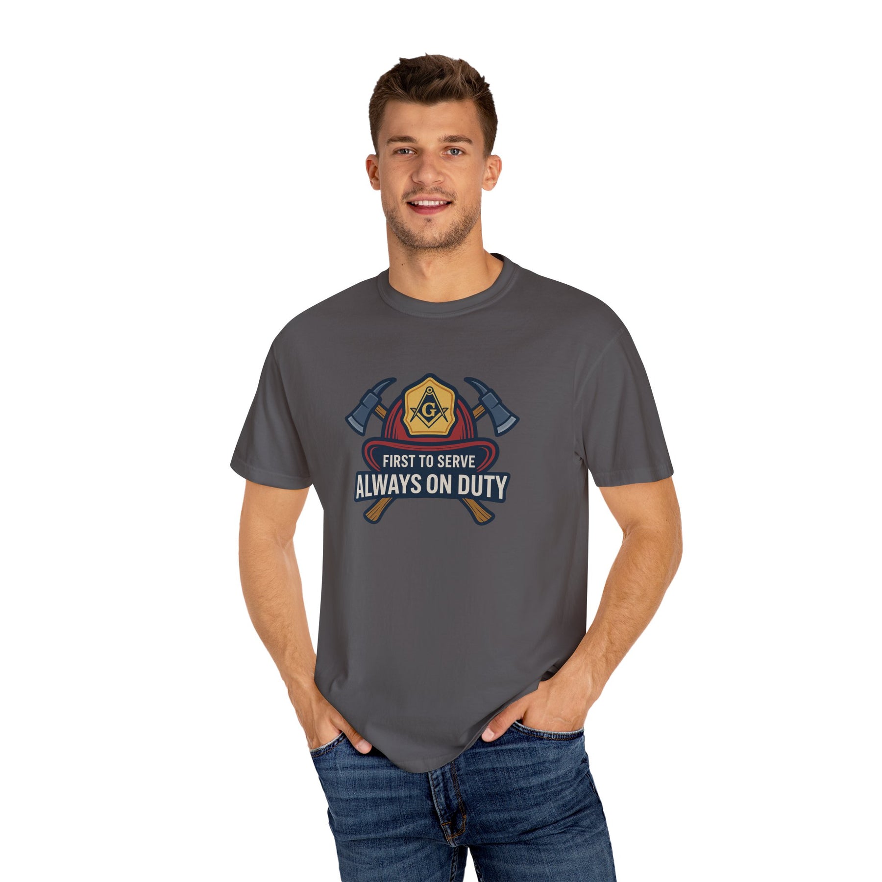 Master Mason Blue Lodge T-Shirt - Garment-Dyed Firefighter Tee - Bricks Masons