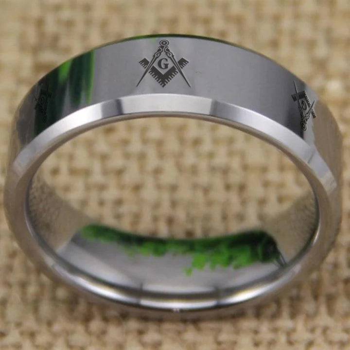 Master Mason Blue Lodge Ring - Silver Bevel Tungsten Personalizable