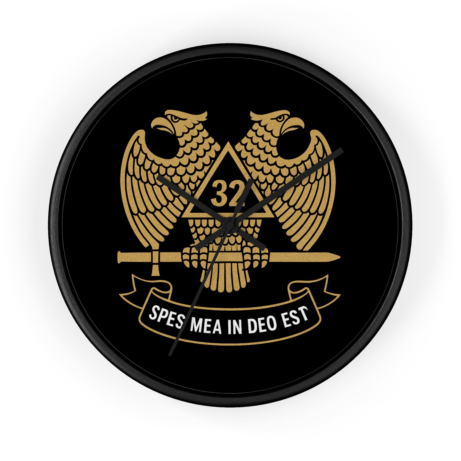 32nd Degree Scottish Rite Clock - Double Headed Eagle on Black Dial with Motto - Bricks Masons