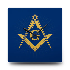 Master Mason Blue Lodge Clock - Golden Square & Compass G on Acrylic Square Shape - Bricks Masons