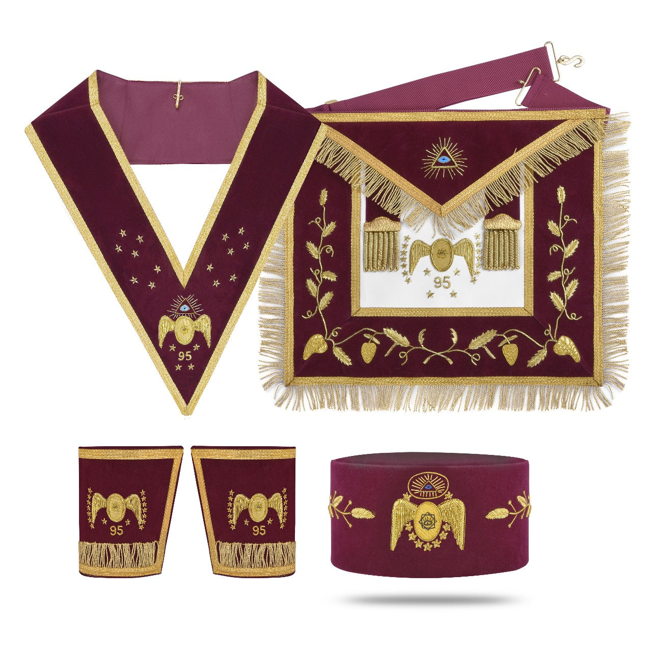 95th Degree Memphis Misraim Regalia Set - Burgundy & Gold Hand Embroidery
