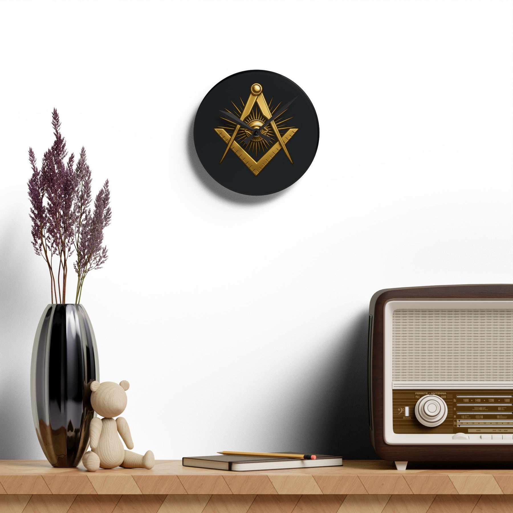 Master Mason Blue Lodge Clock - All Seeing Eye Within Square & Compass - Bricks Masons
