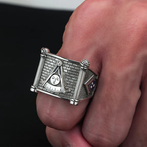 Past Master Blue Lodge Ring - Quadrant & Compass Sun with Twin Pillars Sterling Silver