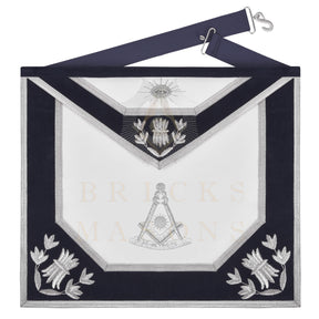 Past Master Blue Lodge Apron - Navy Velvet & Silver Bullion Hand Embroidery
