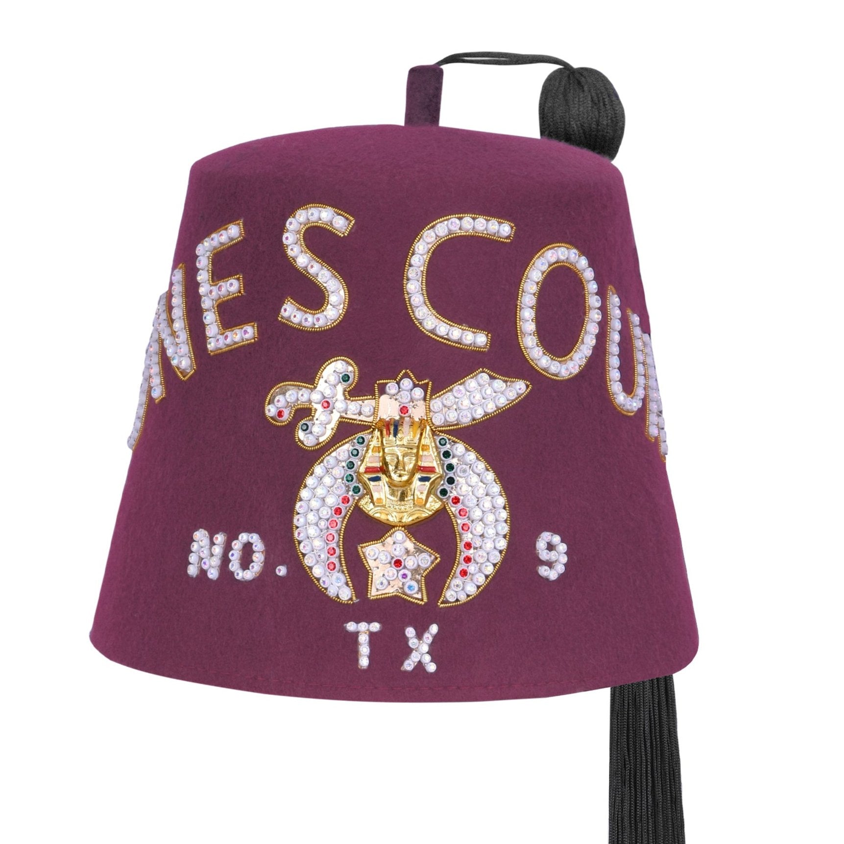 Chapeau Shriners Fez - Lettres strass en laine bordeaux