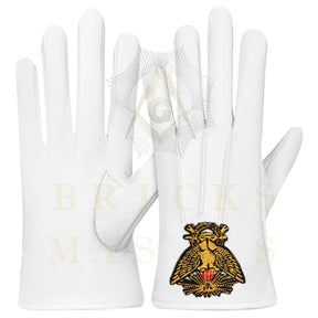 33rd Degree Scottish Rite Gloves -  White Leather Eagle Wings Up Patch