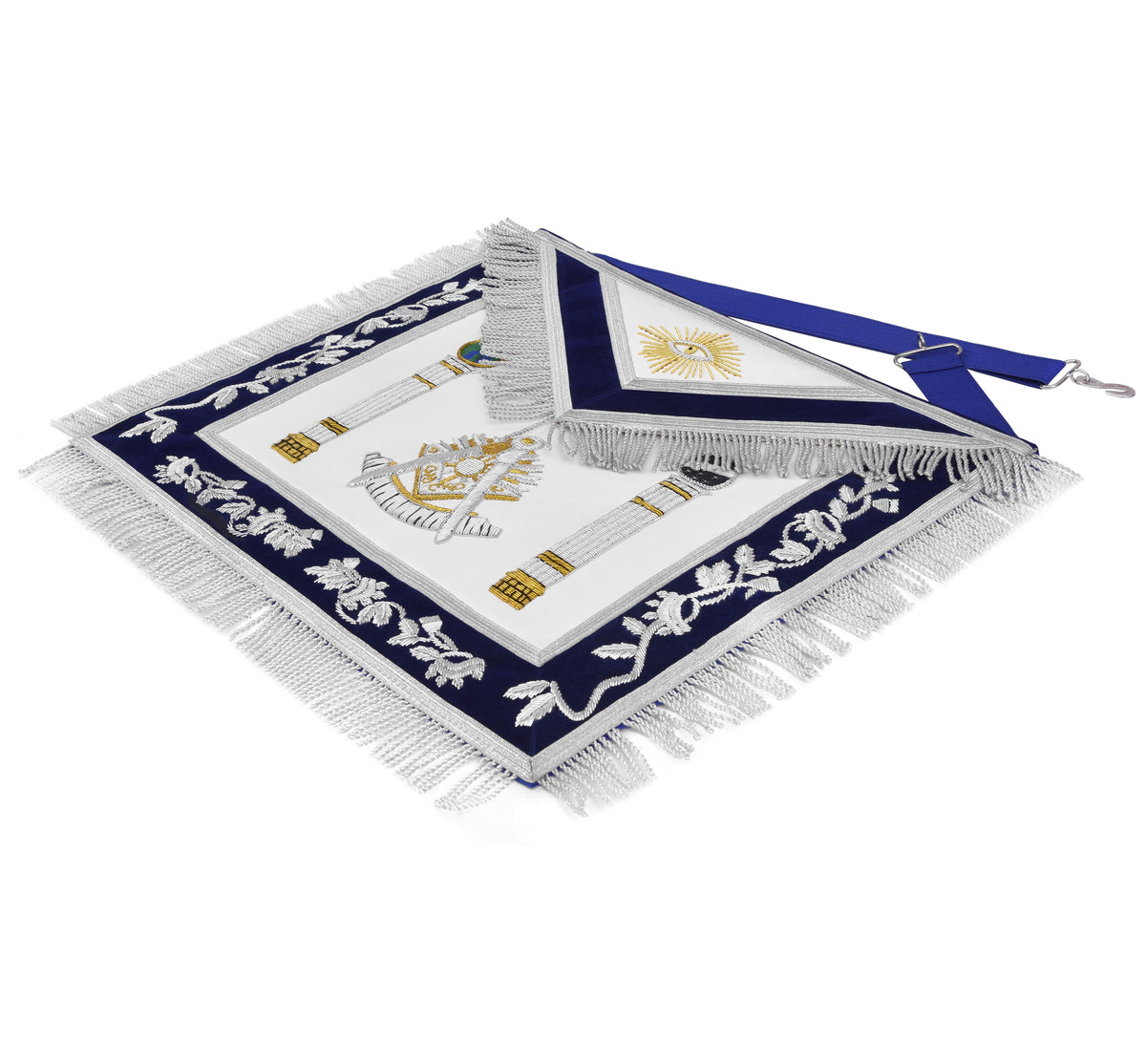 Past Master Blue Lodge Apron - Navy Velvet & Silver Bullion Hand Embroidery With Pillars - Bricks Masons