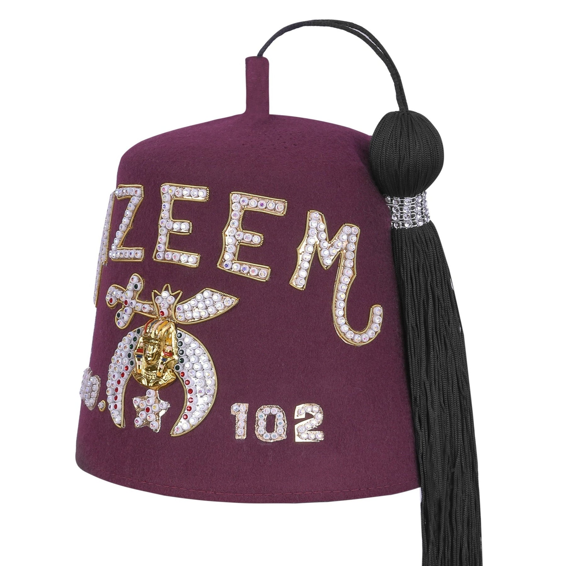 Chapeau Shriners Fez - Lettres strass en laine bordeaux