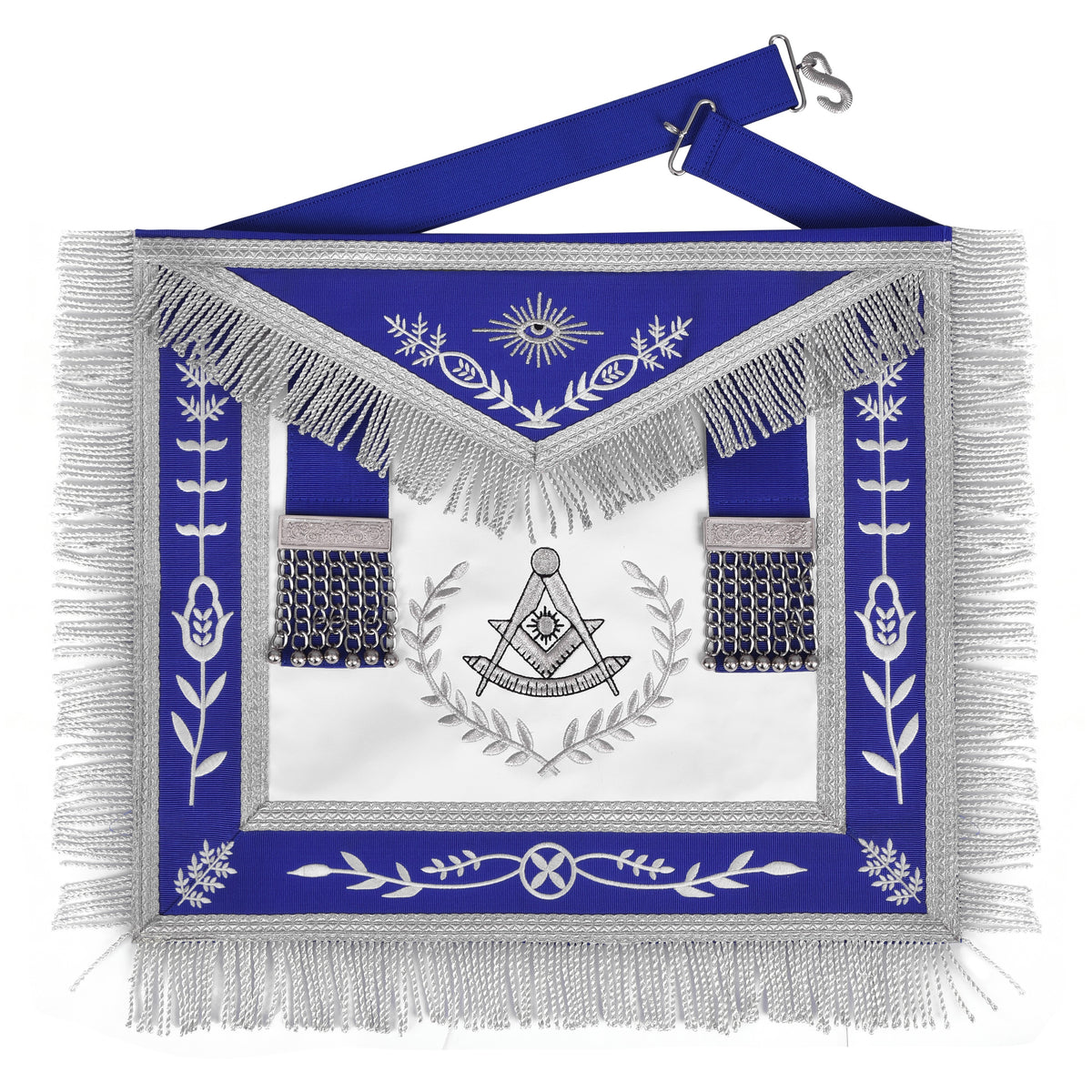 Past Master Blue Lodge Apron - Blue Ribbon Silver Bullion With Wreath & Fringe - Bricks Masons