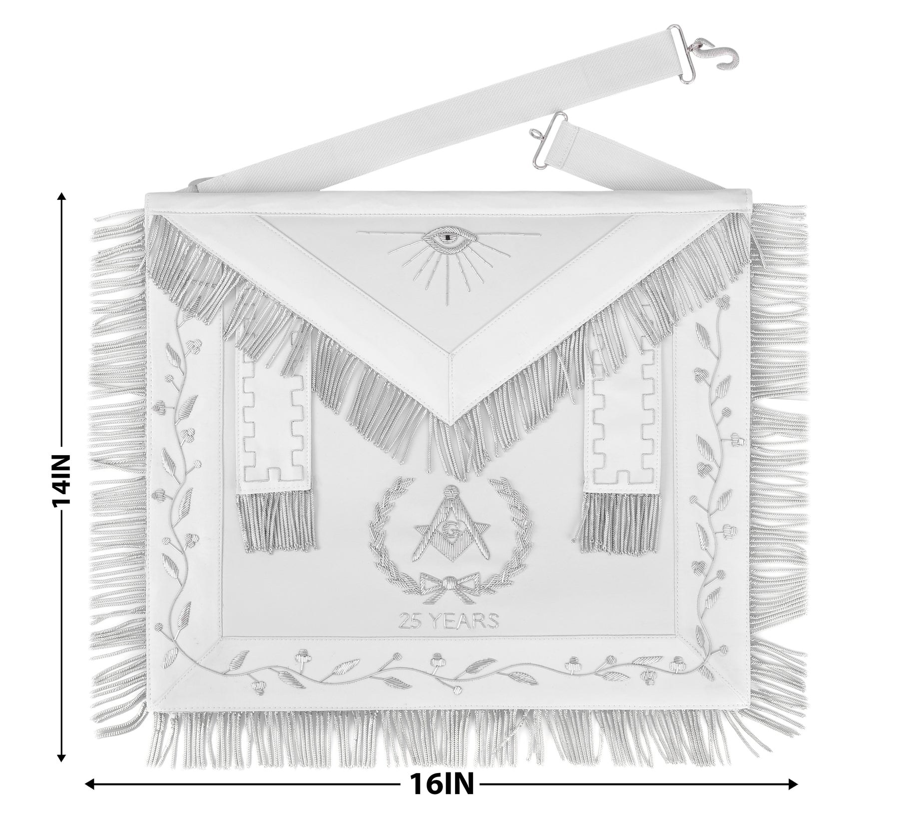Master Mason Blue Lodge Apron - All White Bullion With Wreath Customizable Anniversary Year - Bricks Masons